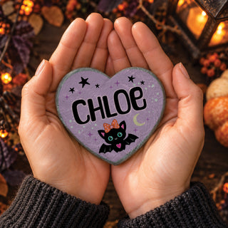 Personalized Spooky Black Bat Halloween Heart 4" Garden Stone