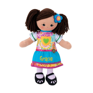 Personalized Hispanic Doll with Blue Apron Dress and Hair Clip