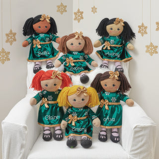 Rag Doll with Dark Green Velvet Snowflake Dress - Blonde Hair