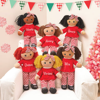 Rag Doll With Red & White Striped PJs - Brunette Hair
