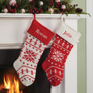 Personalized Snowflake Knit Stocking with Red Cuff