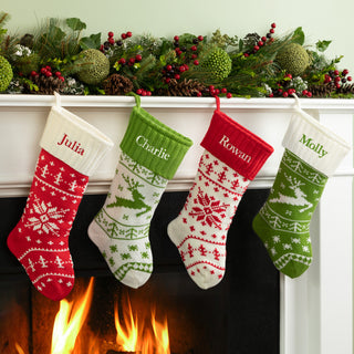 Personalized Snowflake Knit Stocking with Red Cuff