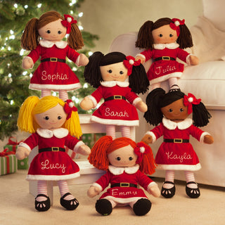 Personalized Brunette Rag Doll With Santa Dress